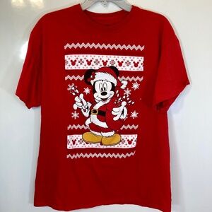 Disney Santa Mickey Mouse Shirt Sz L Red Short Sleeve Ugly Sweater Look